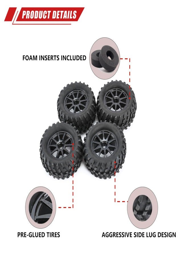 RCAWD 30% Upgrades 12mm Hex Adapter Wheel Tire Set Pre-Glued for 1/16 1/18 Monster Truck Rubber Nylon with Foam Inserts Parts for Hosim 2845 LG-007BL - Image 3